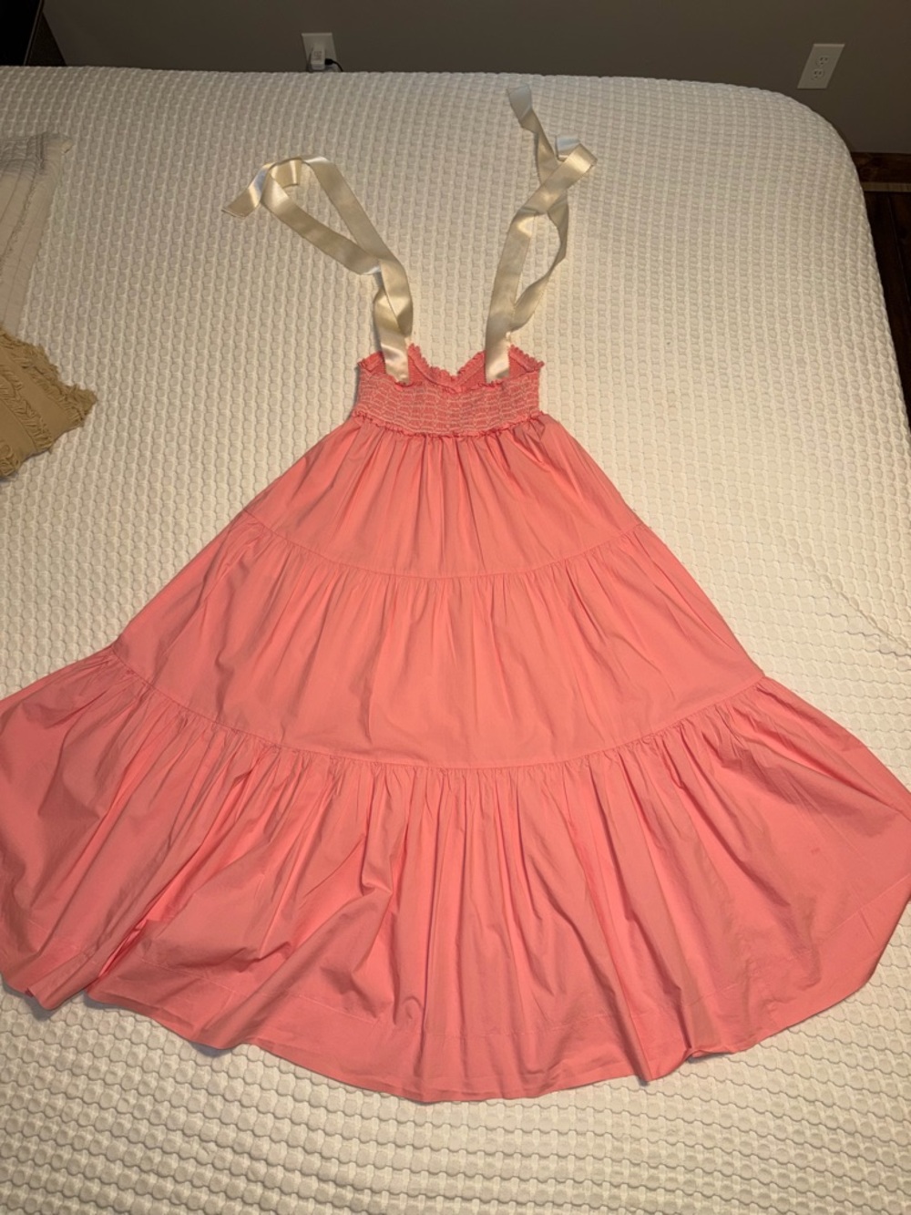 Lovelo Pink Smocked Tiered Midi Dress with Ribbon Straps - Picture 5 of 10